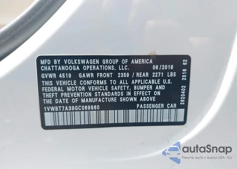 2016 Volkswagen Passat 1.8T Se из США, поврежденный, VIN 1VWBT7A39GC069860